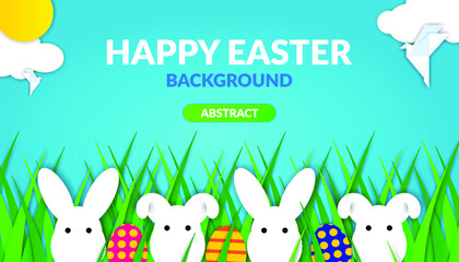 Easter card with white bunny rabbits,colorful eggs and green grass. Blue background with sun and clouds in paper cut style