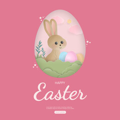 Colorful happy easter banner with cute rabbit and easter egg