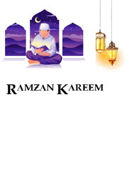 Ramadan Kareem, illustration Vector Outline, Ramazan Greeting Card Drawing, Ramzan Mubarak, Ramadan Arabesque Decoration and Lamps Vector.