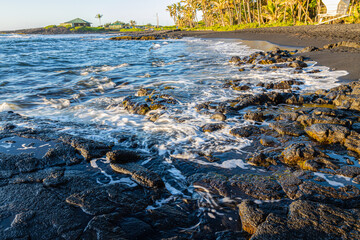 Sunrise on Waves Crashing  Against The Pahoehoe Lava Shoreline of Punalu'u Beach, Hawaii Island, Hawaii, USA