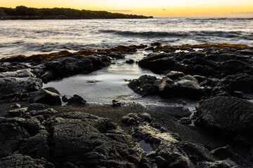 Sunrise on Tide Pools and Pahoehoe Lava On Punalu'u Beach, Hawaii Island, Hawaii, USA