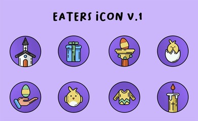 Happy easter easter icon set with church, gifts, eggs, chicks, clothes and candles. Isolated on a purple background.