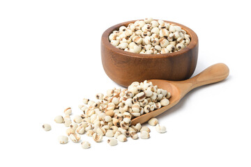 Job's tears ( Adlay millet) in wooden bowl and wooden spoon isolated on white background.
