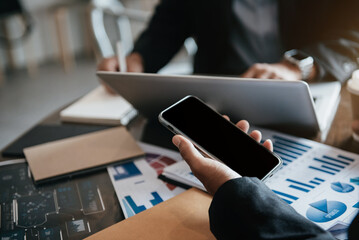 Business meeting account managers crew working search page on computer with new startup project. Idea presentation, analyze plans.