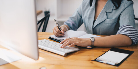 E-learning ,online ,education and internet social distancing protect from COVID-19 viruses concept. Asian woman student video conference e-learning with teacher on digital tablet at home.