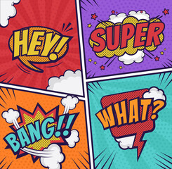 Fototapeta premium illustration Comic art style collection text balloons Cute character pop bubbles on colorful backgrounds.