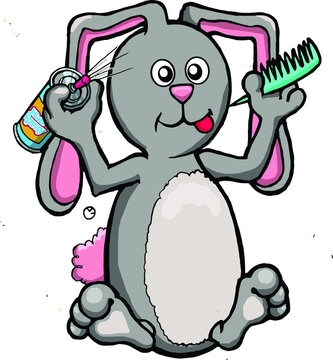 Cartoon bunny with hair spray and comb fixing his hair.