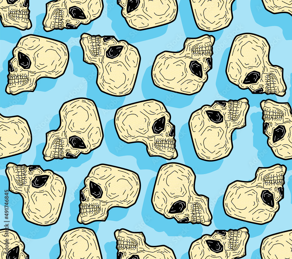 Poster skull pop art pattern seamless. skeleton head background. vector texture