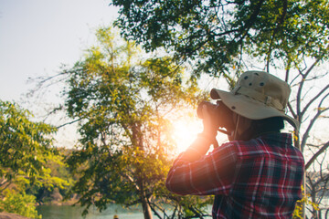 Female tourists in beautiful nature in tranquil scene journey.