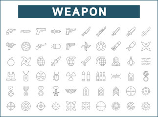 Set of weapon and Military icons line style. It contains such Icons as combat, gun, revolver, bullet, bomb, toxic, aim, knife, missile and other elements.