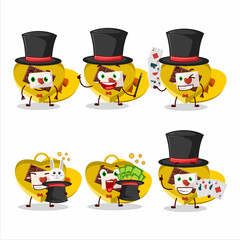A yellow love open gift box Magician cartoon character perform on a stage