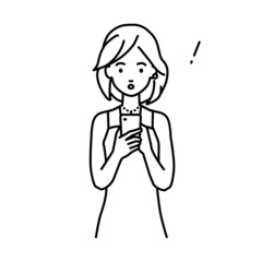 立ってスマートフォンを操作して何かに気づいて驚いたドレスの女性