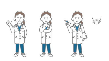 女性医師ポーズ三種とマスク