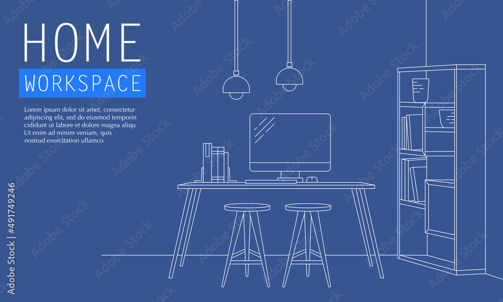 Aufkleber vector illustration of home workspace in outlined style. suitable for design element of work from ho