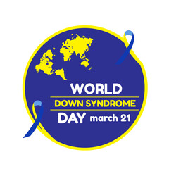 World Down syndrome Day horizontal poster. Photo realistic blue, yellow ribbon and frame on light background. Vector Social poster 21 March is World Down Syndrome Day. Awareness ribbon.