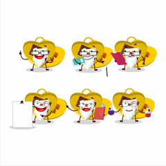 Professor yellow love open gift box academic cartoon character working on laboratory