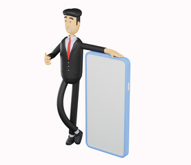 3d bussiness man character standing next to smart phone and giving thumbs up isolated on white background .3d render illustration