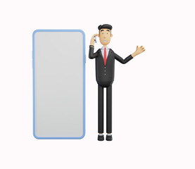 3d bussiness man character make a call next to a big smartphone isolated on white background .3d render illustration