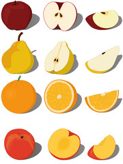 Whole ripe sweet fruits with pieces and slices vector illustration