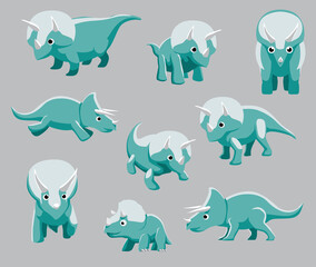 Cartoon Dinosaur Triceratops Cute Various Poses Cartoon Vector Illustration