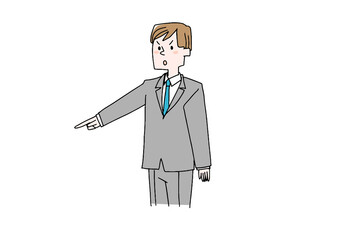 指差し確認をしているビジネスマン　コミカルな手書きの人物　ベクター、線画にシンプルな色つけ　