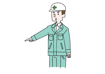 指差しを確認をしている現場作業員　コミカルな手書きの人物　ベクター、線画にシンプルな色つけ　