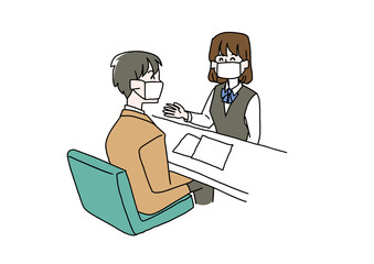 マスクで会話する受付の女性　コミカルな手書きの人物　ベクター、線画にシンプルな色つけ　