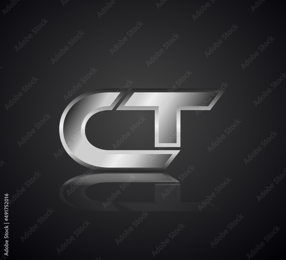 Wall mural Modern Initial logo 2 letters Silver Metal Chrome simple in Dark Background with Shadow Reflection CT