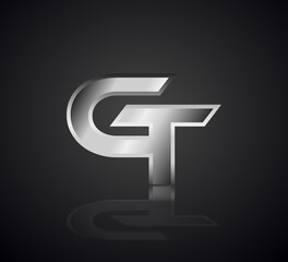 Modern Initial logo 2 letters Silver Metal Chrome simple in Dark Background with Shadow Reflection GT