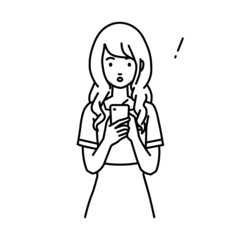 立ってスマートフォンを操作して何かに気づいて驚いたエステ店員・受付・接客業の女性