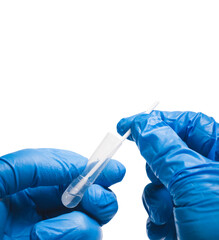 Medical personnel infusion a cotton swab to saline extraction tube for diagnostic covid-19,...