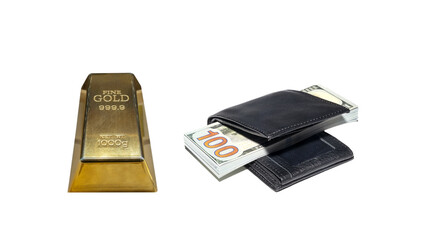 Gold bars and Dollar banknotes on isolated white background