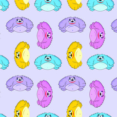 Childish  pattern with cute monsters on purple  background. Vector texture for children clothes, fabrics, textiles