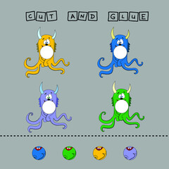 worksheet vector design, the task is to cut and glue a piece on colorful monsters. Logic game for children.