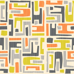 Seamless abstract mid century modern pattern. Retro design of geometric shapes. Use for backgrounds, fabric design, home decor. Vector illustration. - 491753284