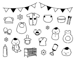 赤ちゃんとベビーグッズの線画イラストセット