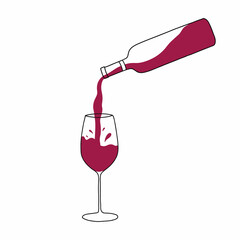 Red wine is poured from a bottle into a glass. Vector illustration in doodle style.