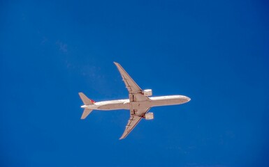 Obraz premium The plane is flying in the blue spring sky