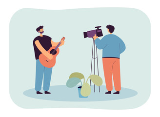 Director shooting guy playing guitar flat vector illustration. Musician recording new song for his album. Occupation, art concept for banner, website design or landing web page