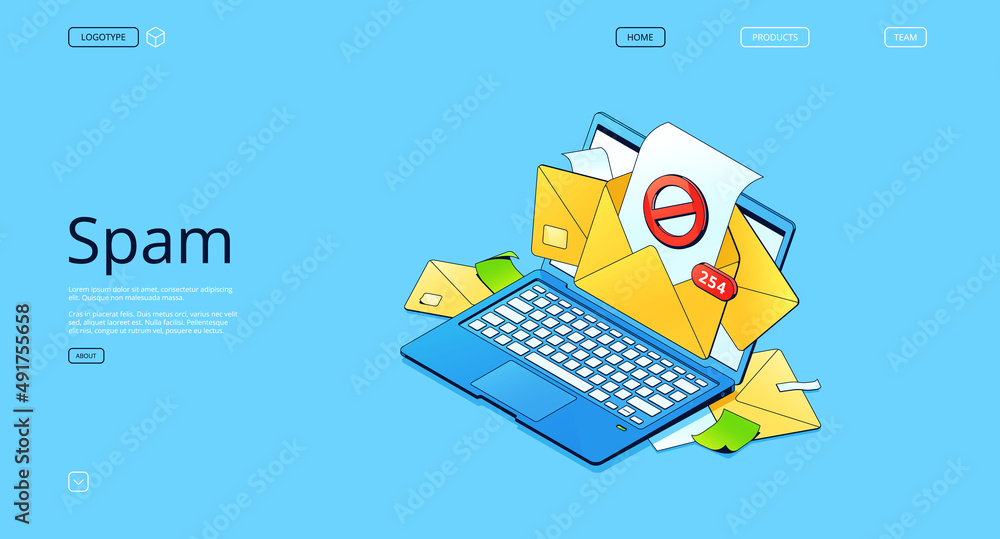 Poster spam isometric landing page with letter envelopes on laptop screen. electronic email service message