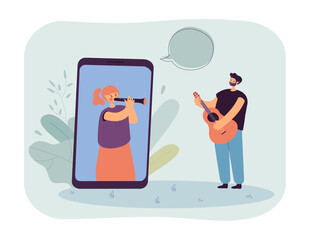 Girl playing pipe on phone screen and boy playing guitar flat vector illustration. Friends having online concert. Art, music concept for banner, website design or landing web page