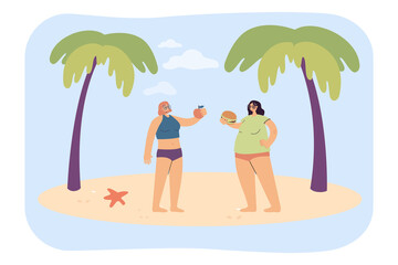 Women eating apple and hamburger on beach. Fit girl with healthy food, her fat friend with fast food flat vector illustration. Healthy lifestyle concept for banner, website design or landing web page
