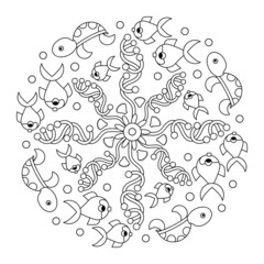 Obraz premium Underwater coloring book page for older children. Mandala. Ocean flora and fauna in the circle shape. Hand drawn vector illustration