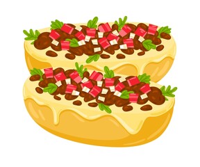 Cartoon Molletes Mexican food vector illustration. Traditional Mexican Cuisine. Molletes with sauce, beans and cheese isolated on white background.