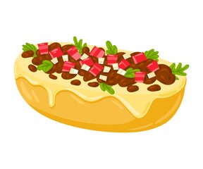 Cartoon Mollete Mexican food vector illustration. Traditional Mexican Cuisine. Molletes with sauce, beans and cheese isolated on white background