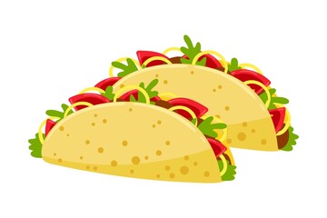 Cartoon Tacos with meat with vegetables vector illustration Mexican traditional food. Isolated on white background