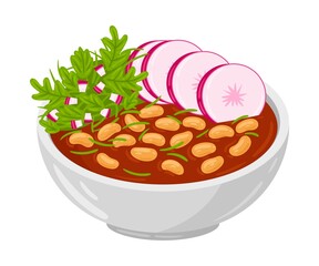 Cartoon Pozole Mexican soup vector illustration. Traditional Mexican Cuisine. Pozole soup isolated on white background