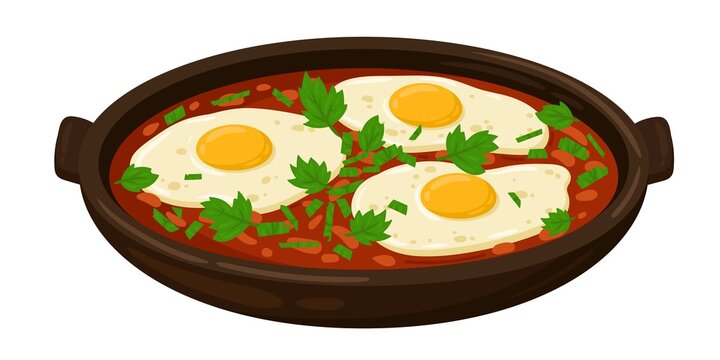 Cartoon Huevos Rancheros Mexican Food Vector Illustration. Traditional Mexican Cuisine. Huevos Rancheros With Sauce Isolated On White Background