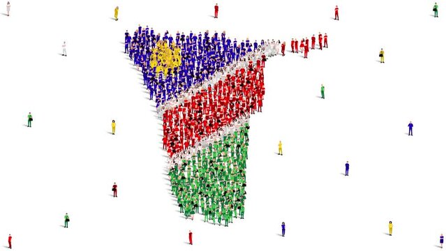 Namibia Map and Flag. A large group of people in the Namibia flag color form to create the map. 4K Animation Video.