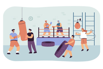 Gym interior with active cartoon men and women doing exercises. Group of people training, fighters or boxers in ring or arena, fight club flat vector illustration. Sports, healthy lifestyle concept